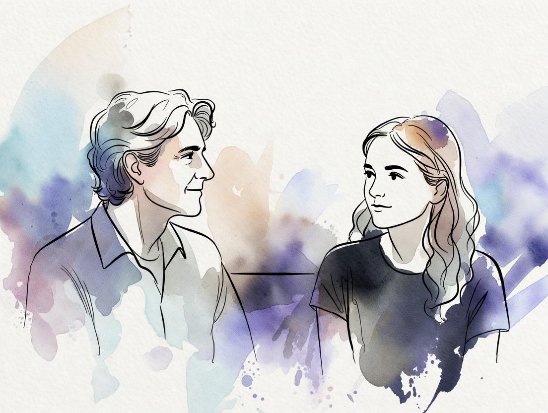 Parent and teen sitting at a table talking