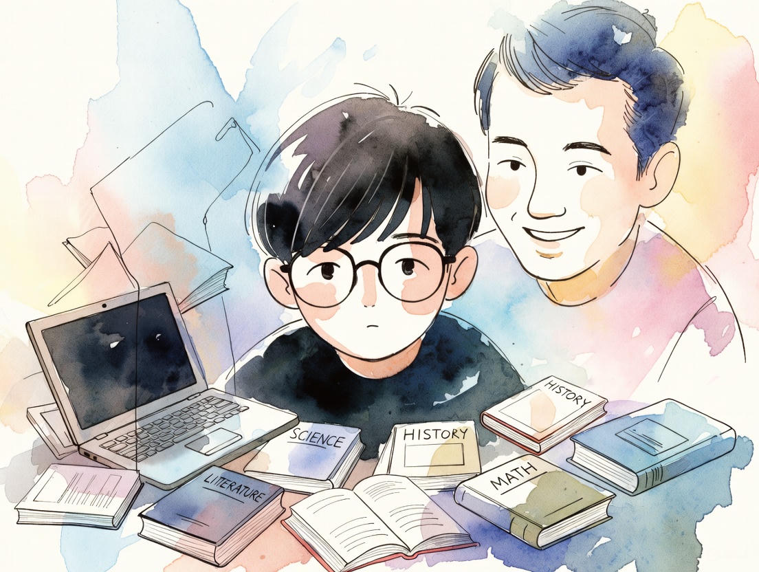 Teen surrounded by books and homework